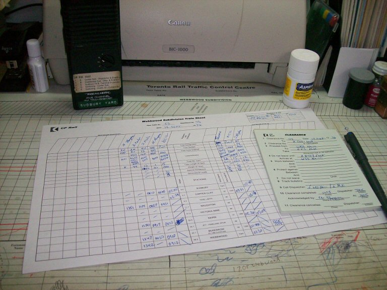 Dispatcher's tools of the trade: trainsheet, radio, clearance forms, aspirin. Not shown is a schematic reference of the dispatcher's territory mounted on cork board above the desk.