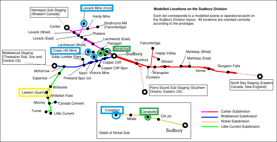 Map of INCO mines and interchanges on WRMRC's modeled territory. Mines are highlighted in blue, and CP-INCO interchange locations in green.